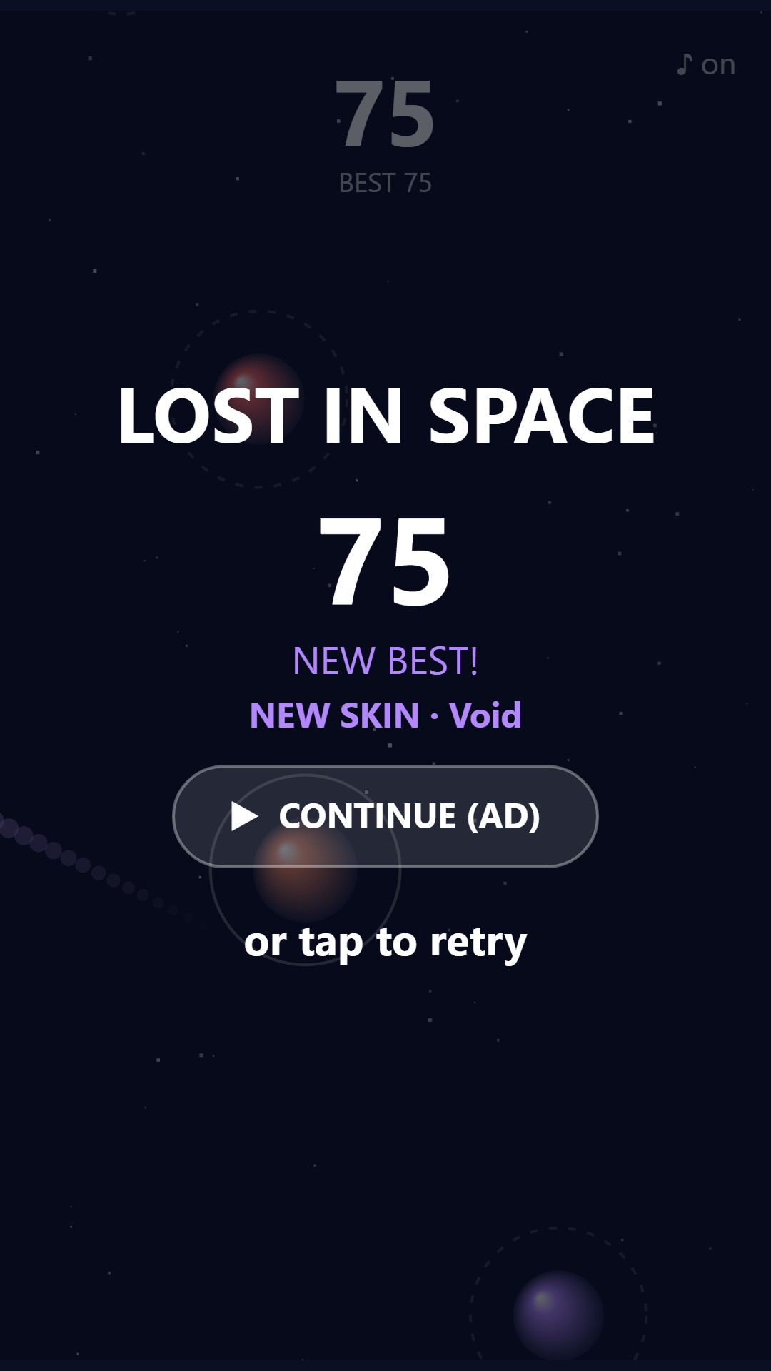 Orbit Hop game over with a new trail skin unlocked